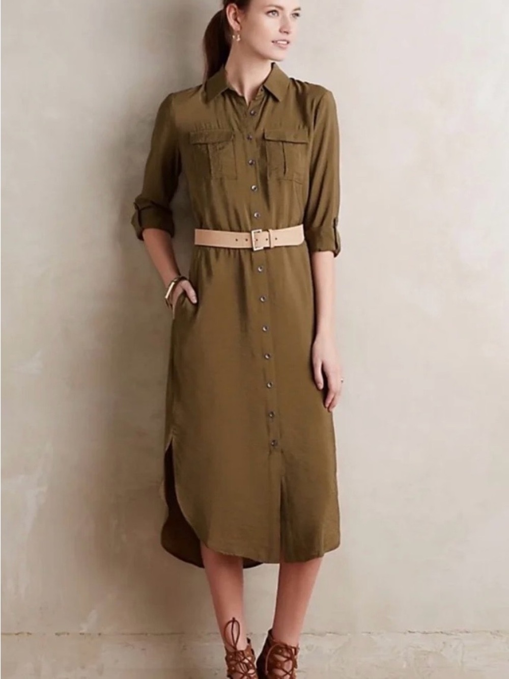 Anthropologie Maeve Olive Green Button Front Utility Midi Shirt Dress Size 8